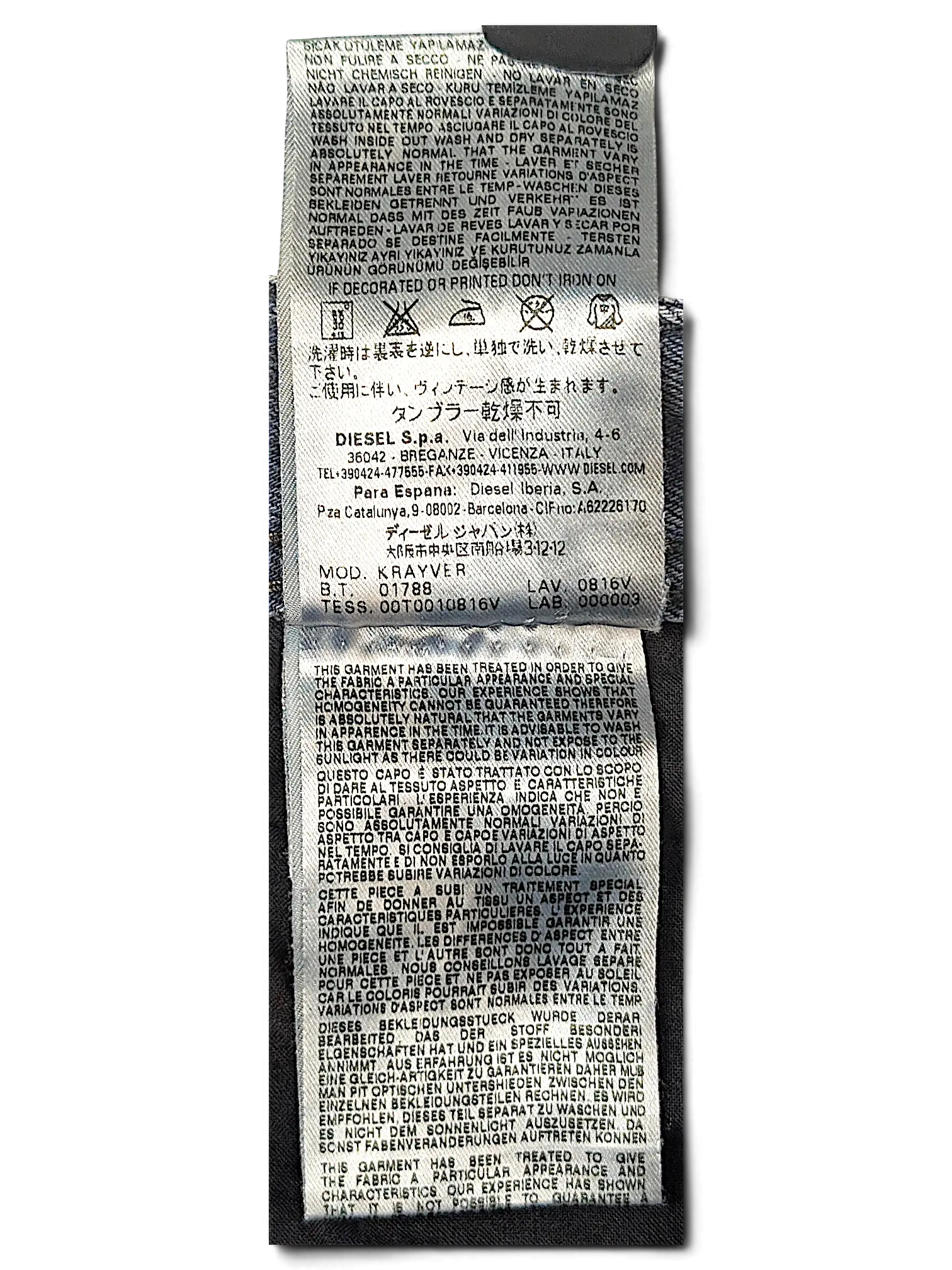 JAKE & IPI Diesel Krayer jeans care label with washing instructions and fabric treatment information in multiple languages.