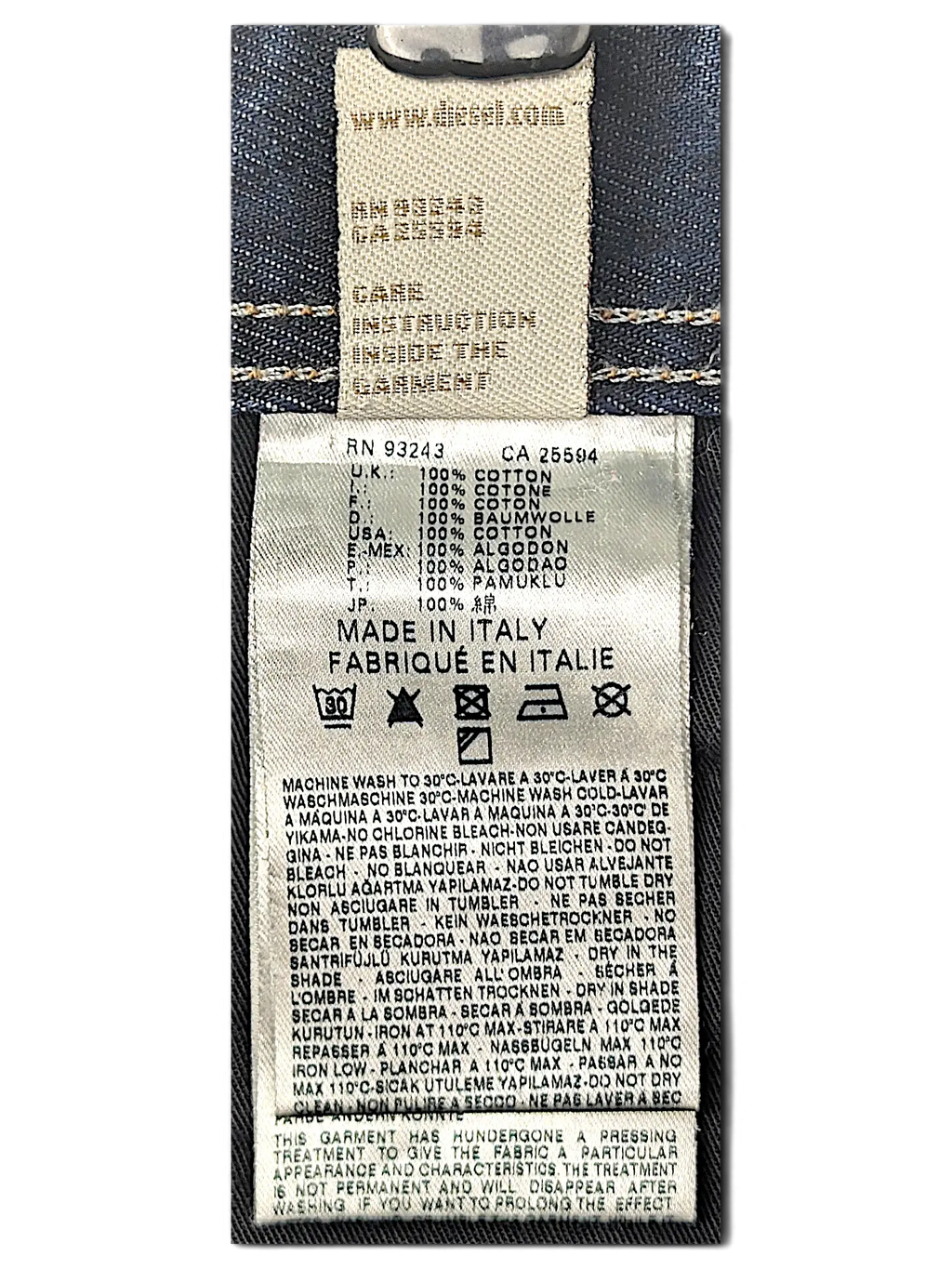 JAKE & IPI Diesel Krooley jeans interior care label showing 100 percent cotton composition and made in Italy text