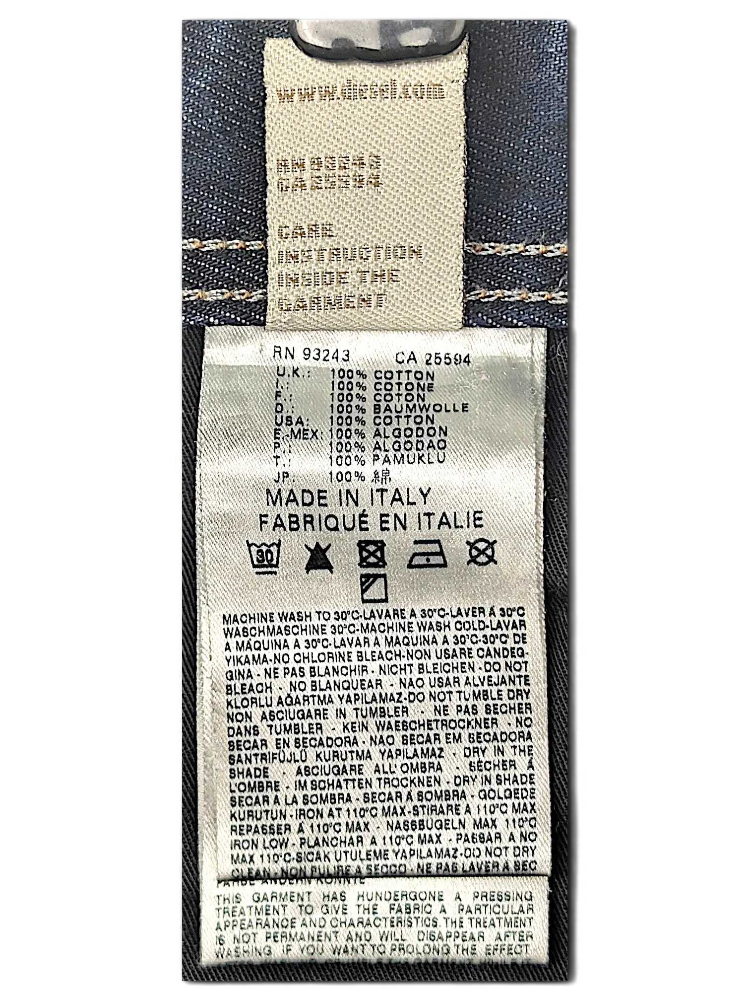 JAKE & IPI Diesel Krooley jeans interior care label showing 100 percent cotton composition and made in Italy text
