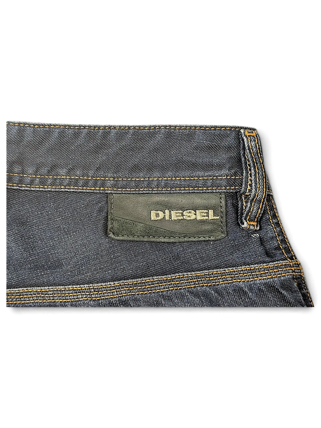 JAKE & IPI Diesel Krooley dark wash denim jeans featuring a black leather logo patch and contrast stitching