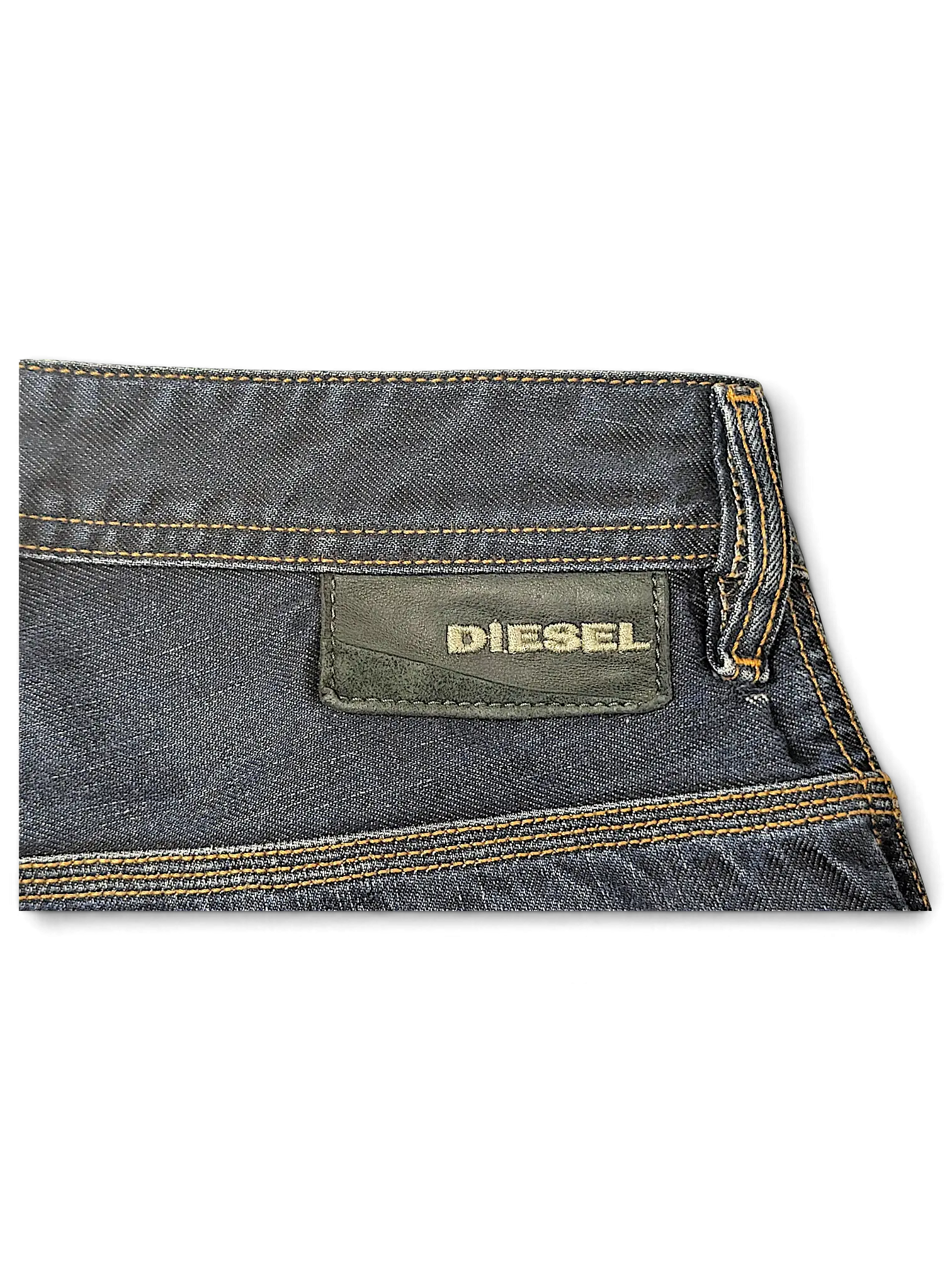 JAKE & IPI Diesel Krooley dark wash denim jeans featuring a black leather logo patch and contrast stitching