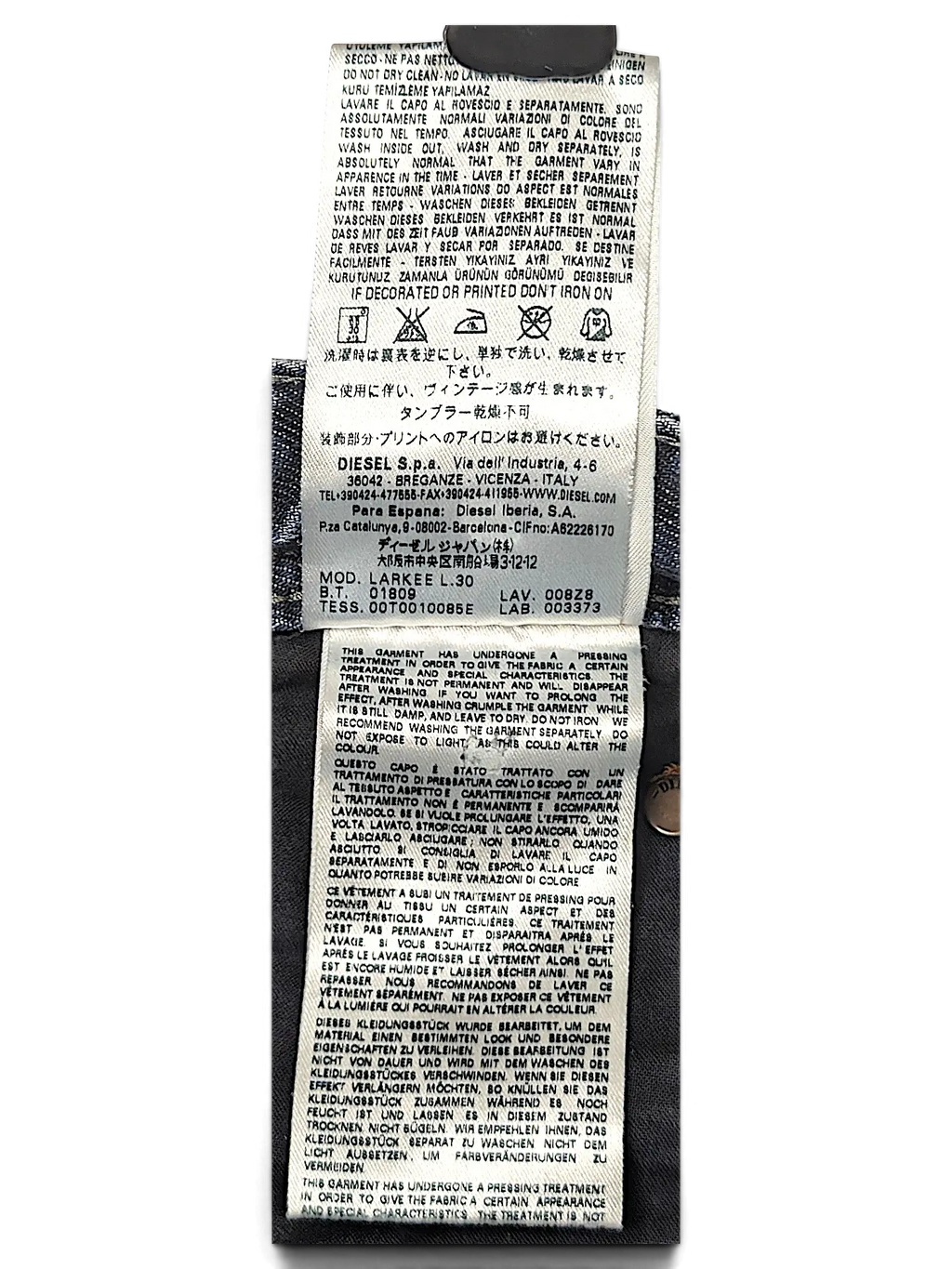 JAKE & IPI Diesel Larkee jeans interior care label with washing instructions and brand details