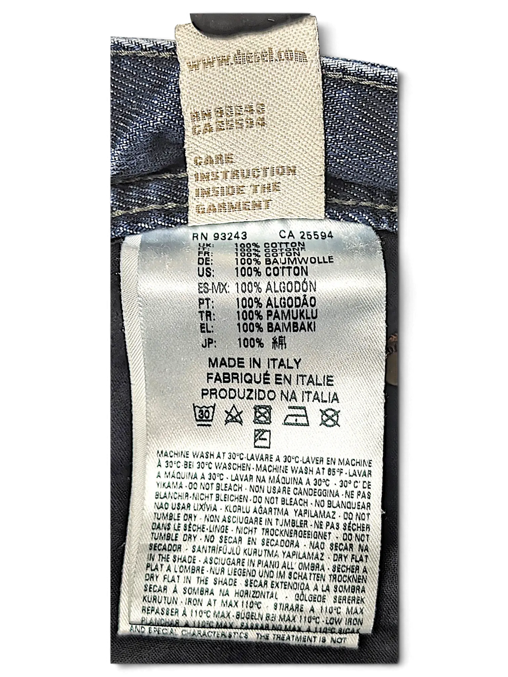 JAKE & IPI Diesel Larkee jeans care label showing 100 percent cotton composition and made in Italy origin
