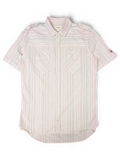 JAKE & IPI vintage Diesel short sleeve utility shirt in white, grey, and pink stripes with two flap chest pockets.