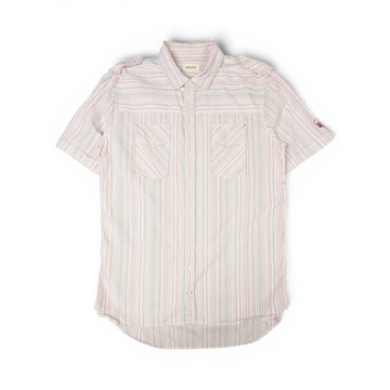 JAKE & IPI vintage Diesel short sleeve utility shirt in white, grey, and pink stripes with two flap chest pockets.