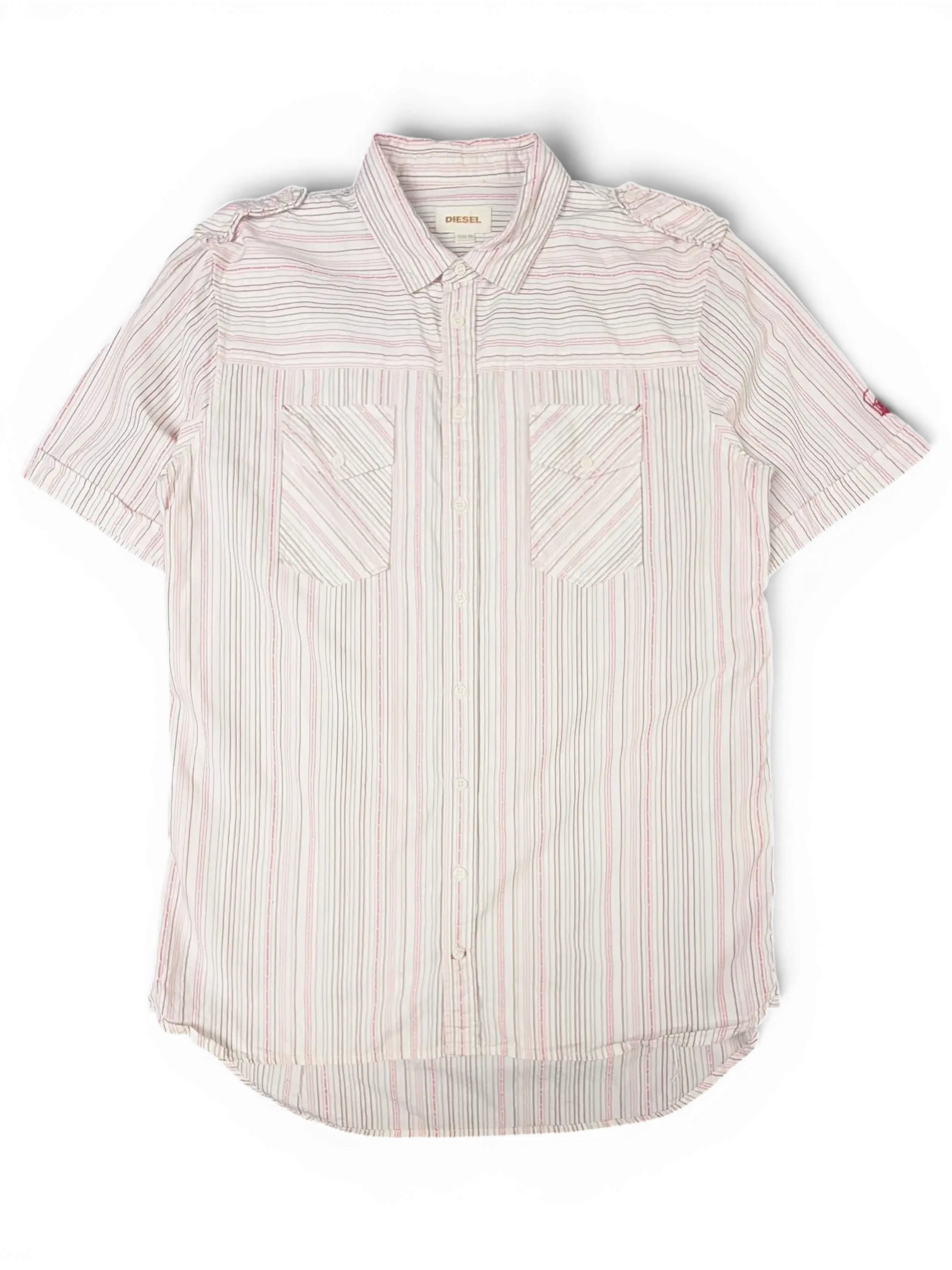 JAKE & IPI vintage Diesel short sleeve utility shirt in white, grey, and pink stripes with two flap chest pockets.