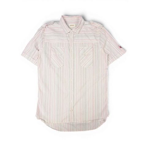 JAKE & IPI vintage Diesel lyhythihainen utility-paita valko-harmaa-vaaleanpunaisilla raidoilla ja kahdella läppärintataskulla.