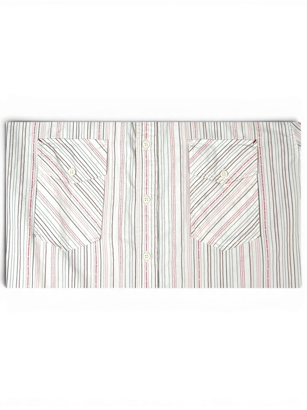 JAKE & IPI vintage Diesel short sleeve utility shirt in white, grey, and pink stripes with two flap chest pockets.