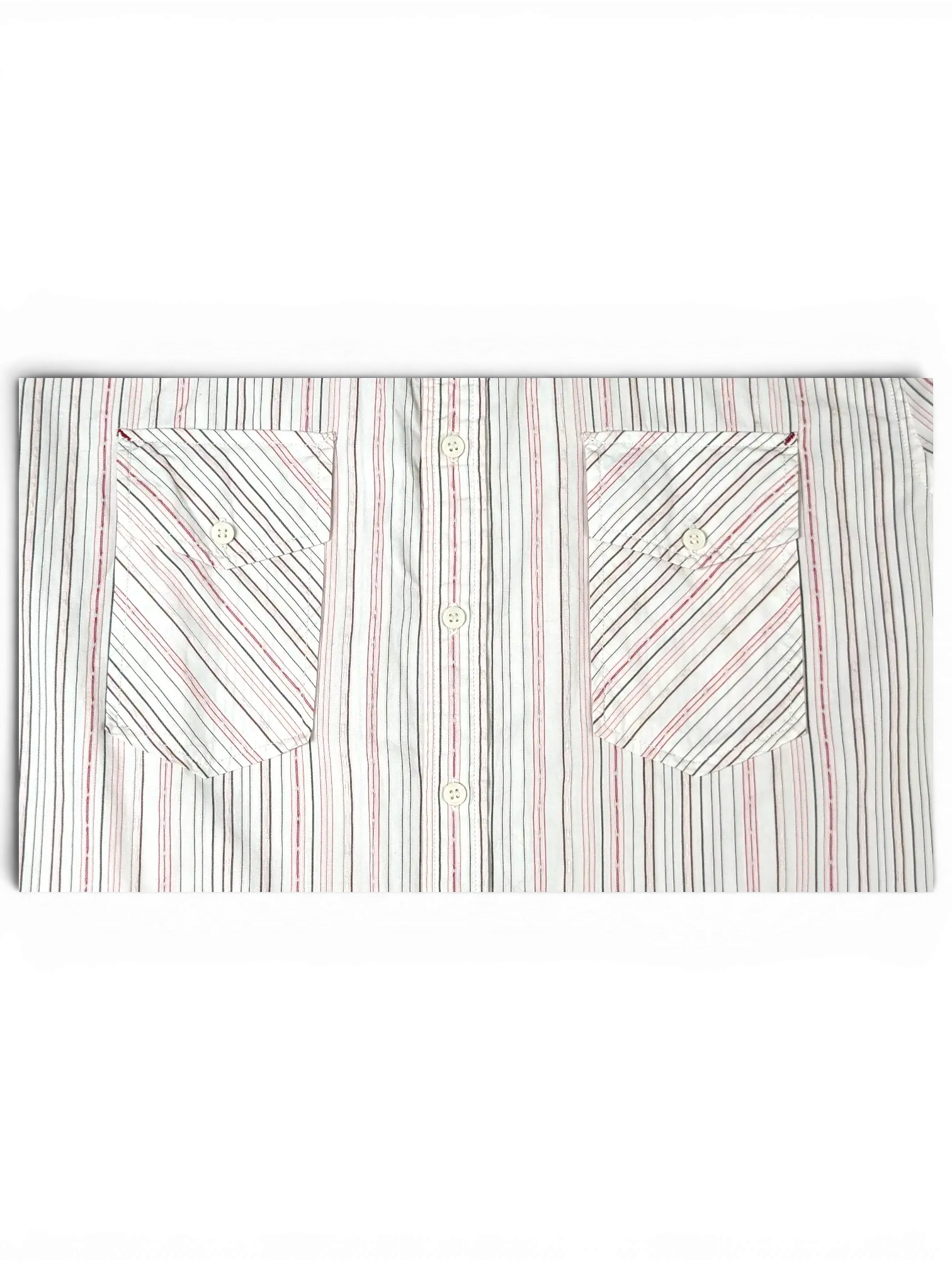 JAKE & IPI vintage Diesel short sleeve utility shirt in white, grey, and pink stripes with two flap chest pockets.