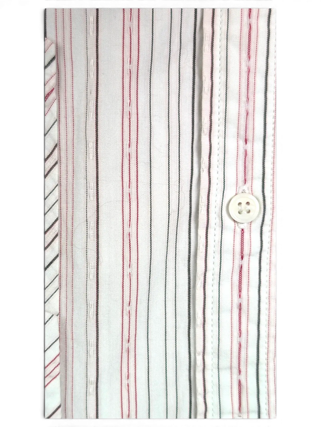 JAKE & IPI vintage Diesel short sleeve utility shirt featuring white, grey, and pink fine vertical stripes.