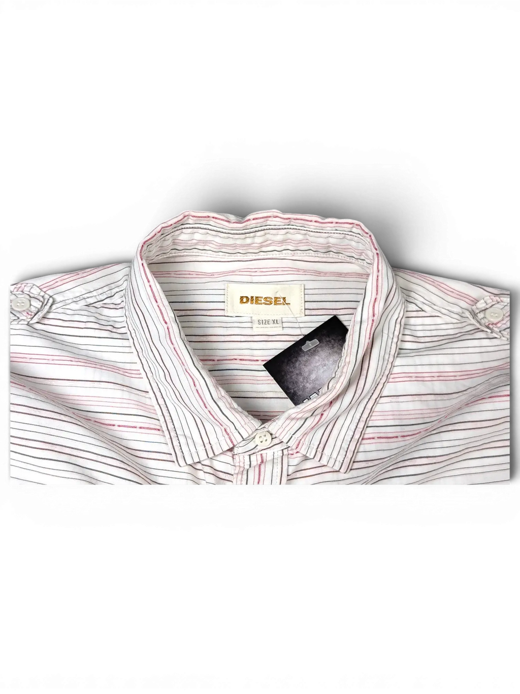 JAKE & IPI vintage Diesel short sleeve utility shirt in white with grey and pink fine stripes and collar detail