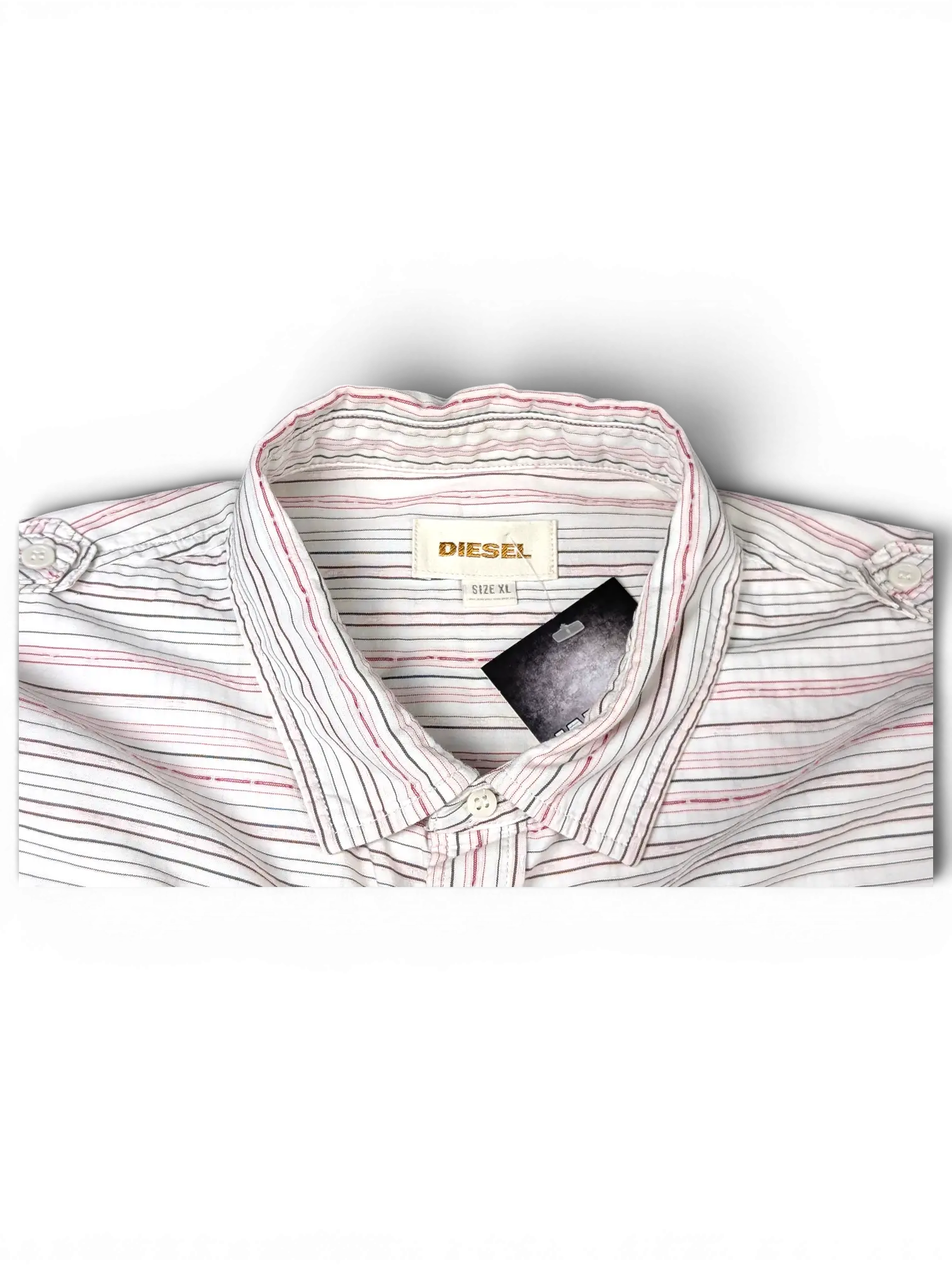 JAKE & IPI vintage Diesel short sleeve utility shirt in white with grey and pink fine stripes and collar detail