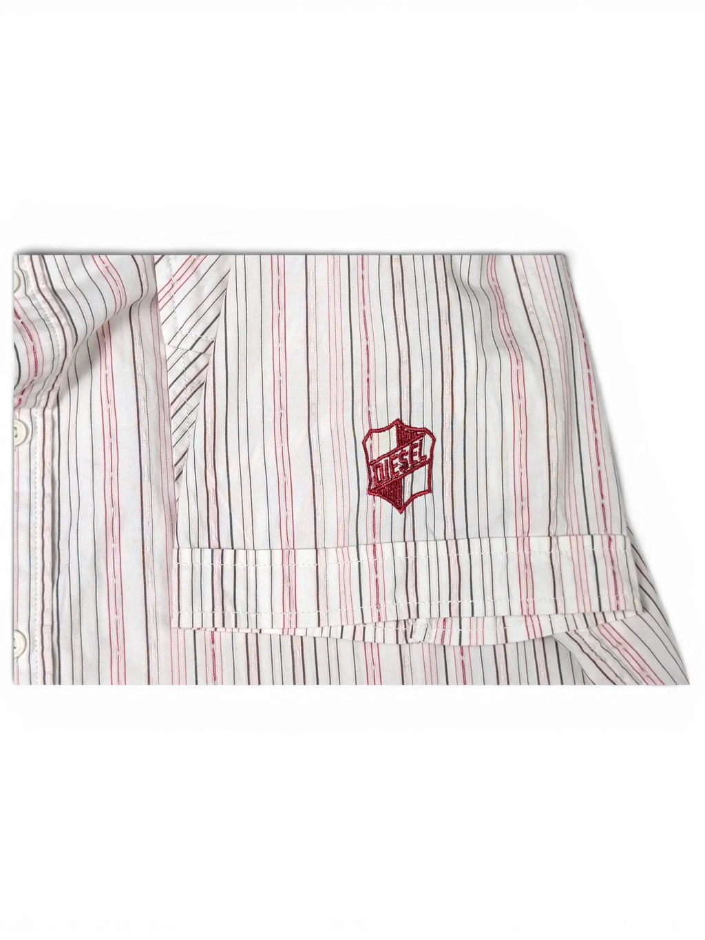 JAKE & IPI vintage Diesel short sleeve utility shirt in white with grey and pink stripes and embroidered logo detail.