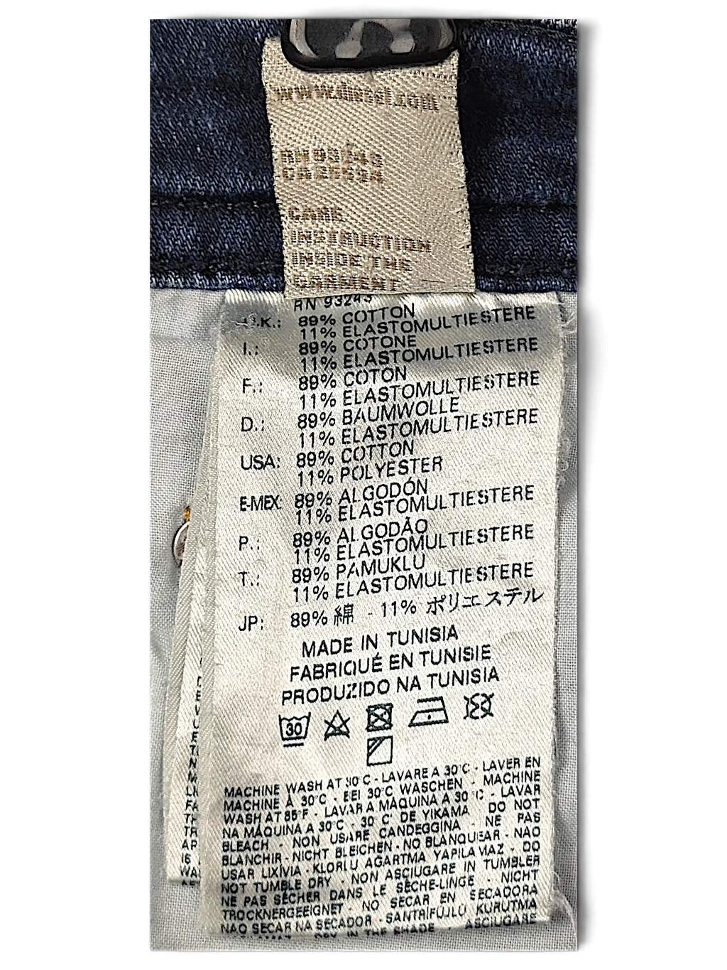 JAKE & IPI Diesel Thavar jeans care label showing 89 percent cotton and 11 percent elastomultiester fabric content