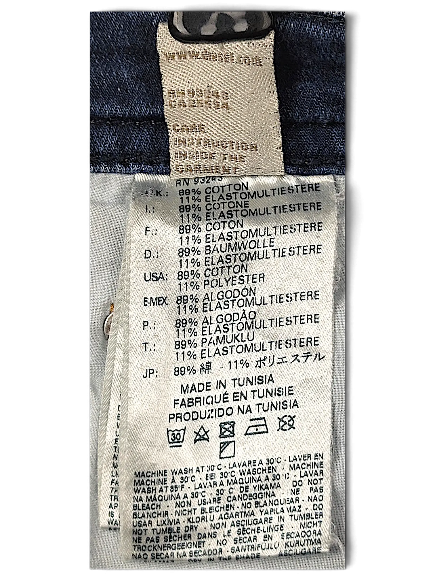 JAKE & IPI Diesel Thavar jeans care label showing 89 percent cotton and 11 percent elastomultiester fabric content