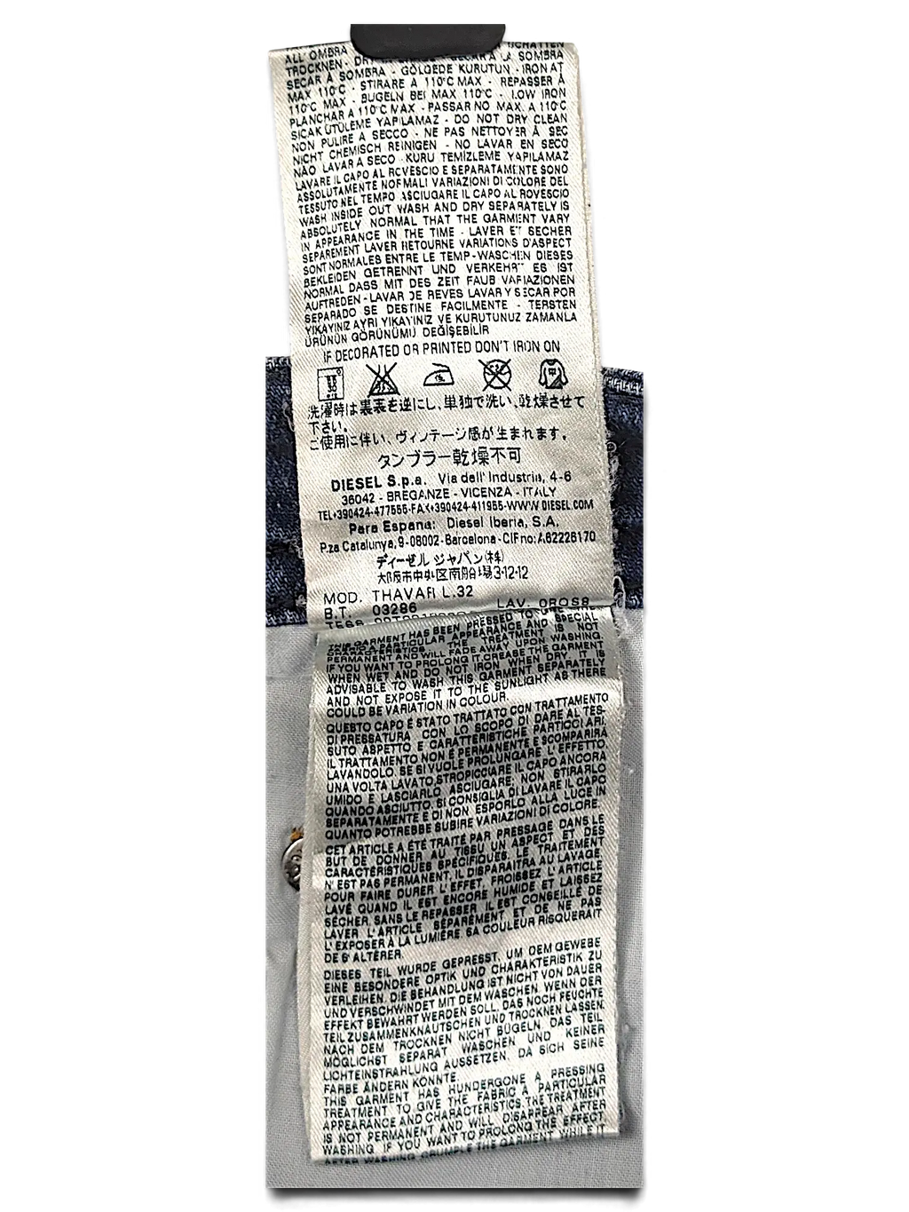 JAKE & IPI Diesel Thavar jeans interior care and fabric composition label with washing instructions