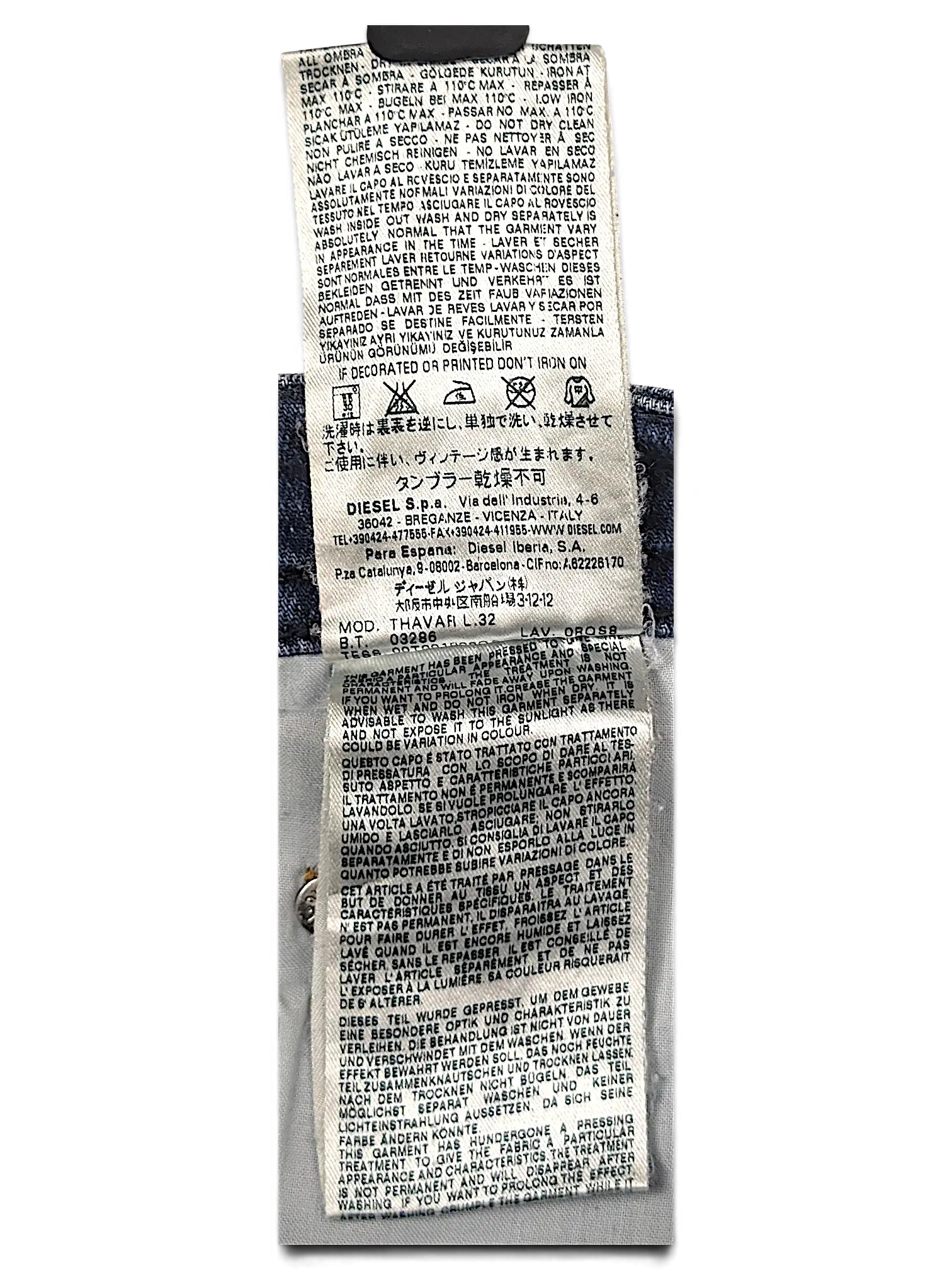 JAKE & IPI Diesel Thavar jeans interior care and fabric composition label with washing instructions