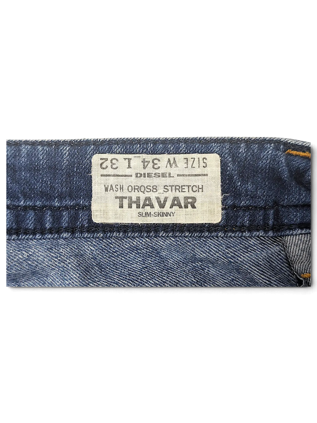 JAKE & IPI Diesel Thavar slim-skinny blue stretch denim jeans interior waist label showing size W34 L32