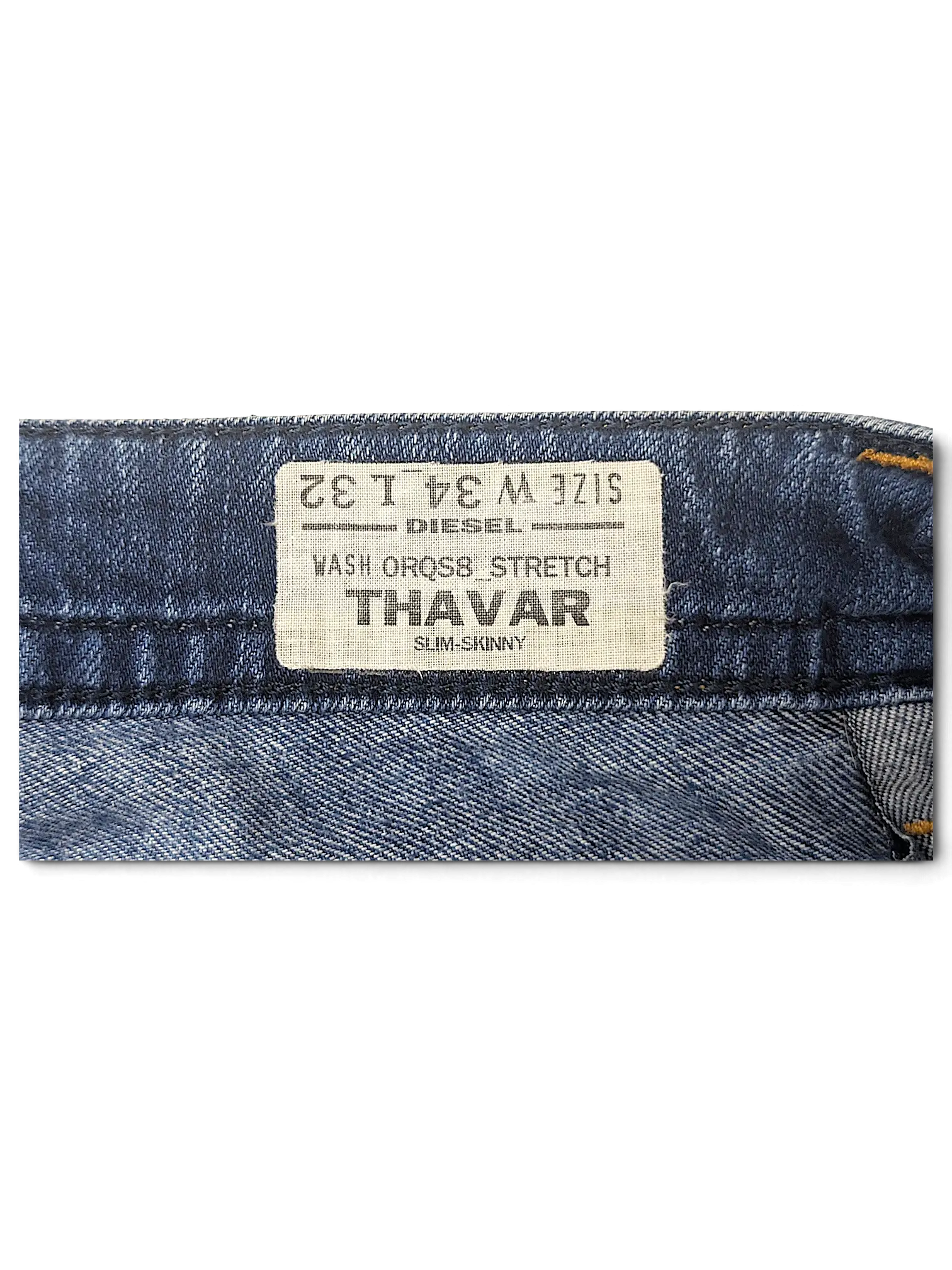 JAKE & IPI Diesel Thavar slim-skinny blue stretch denim jeans interior waist label showing size W34 L32