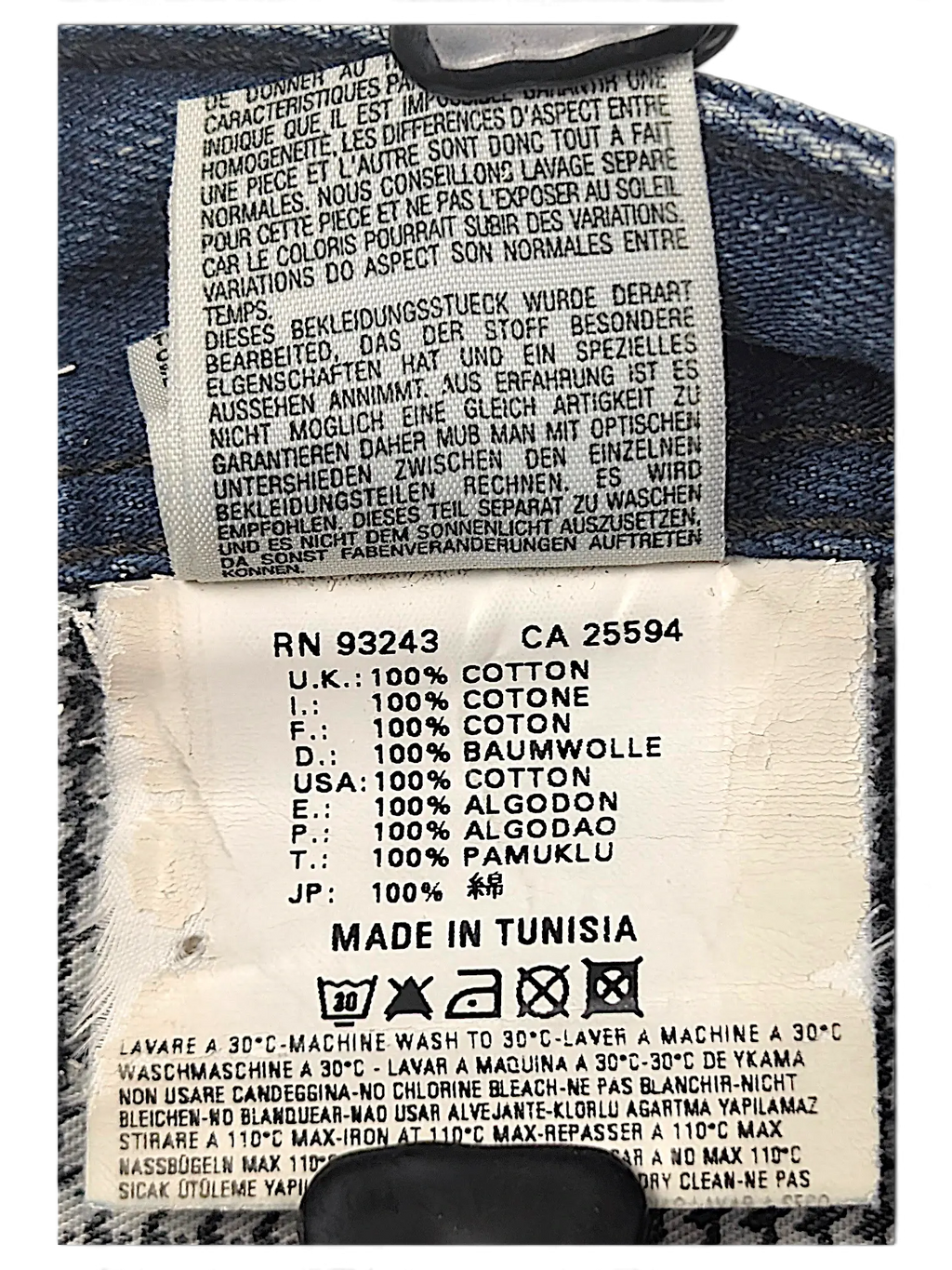 JAKE & IPI Diesel Vikerback jeans interior care label showing 100 percent cotton composition and washing instructions