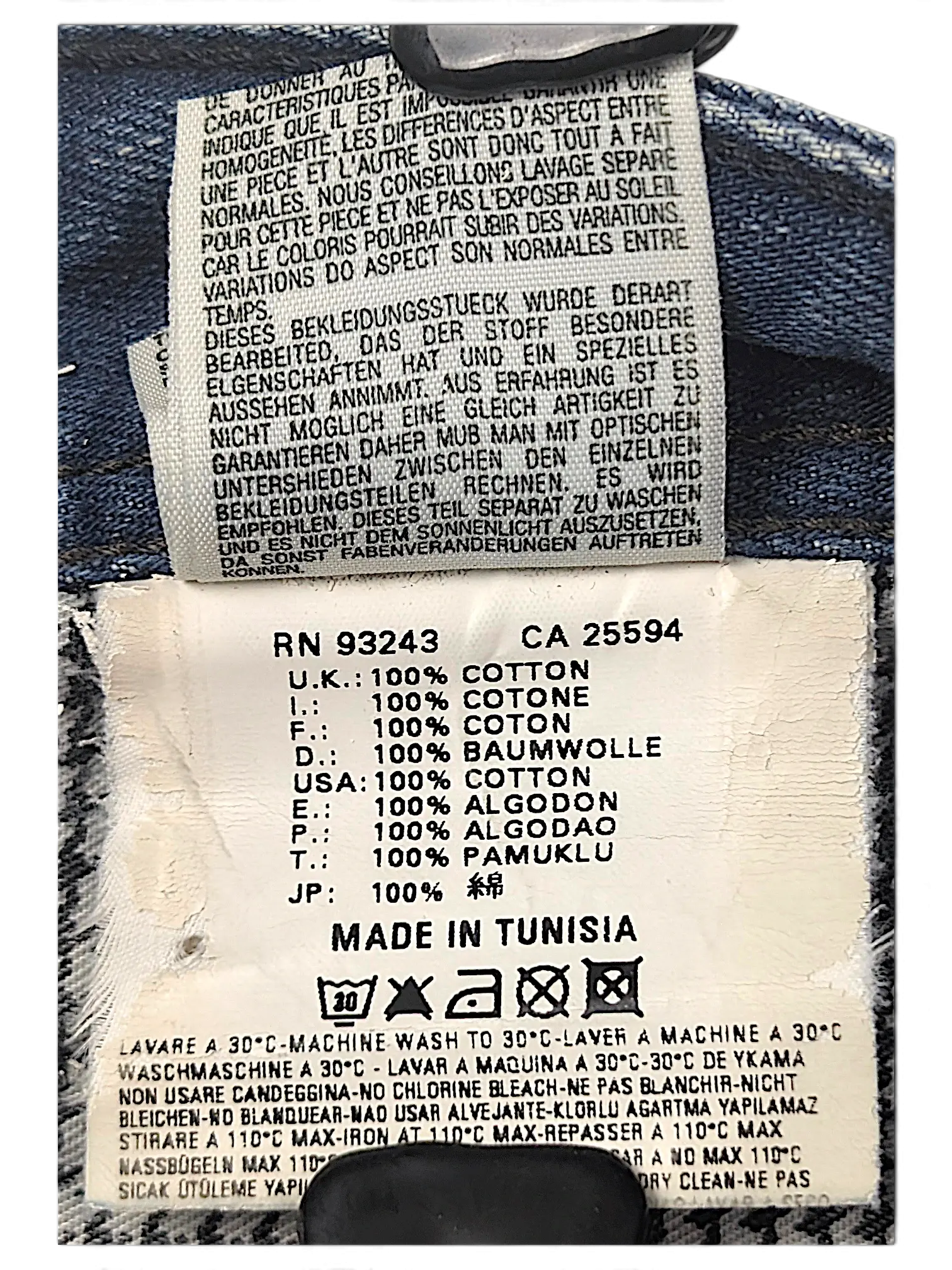 JAKE & IPI Diesel Vikerback jeans interior care label showing 100 percent cotton composition and washing instructions
