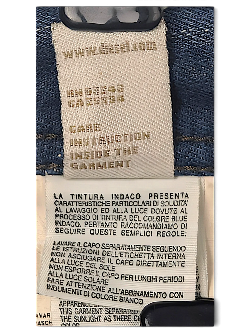 JAKE & IPI Diesel Vikerback jeans interior care label and brand tag showing denim fabric details