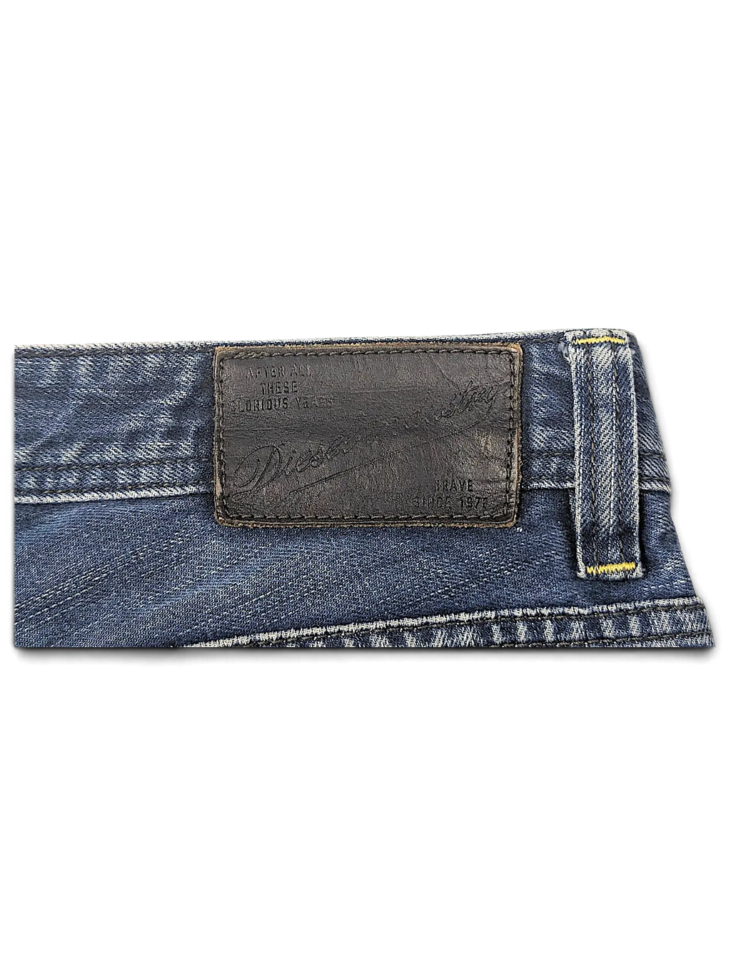 JAKE & IPI Diesel Vikerback blue denim jeans featuring a black leather back waist patch with embossed branding
