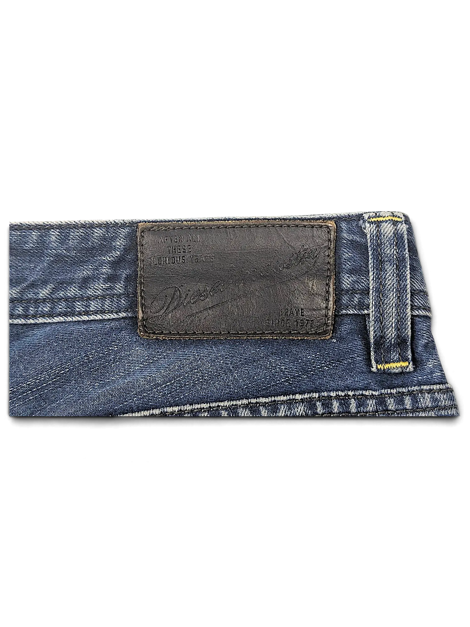 JAKE & IPI Diesel Vikerback blue denim jeans featuring a black leather back waist patch with embossed branding