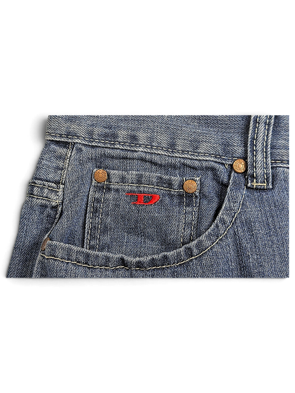 JAKE & IPI Diesel vintage blue jeans featuring a coin pocket with a red embroidered logo and copper-toned rivets.