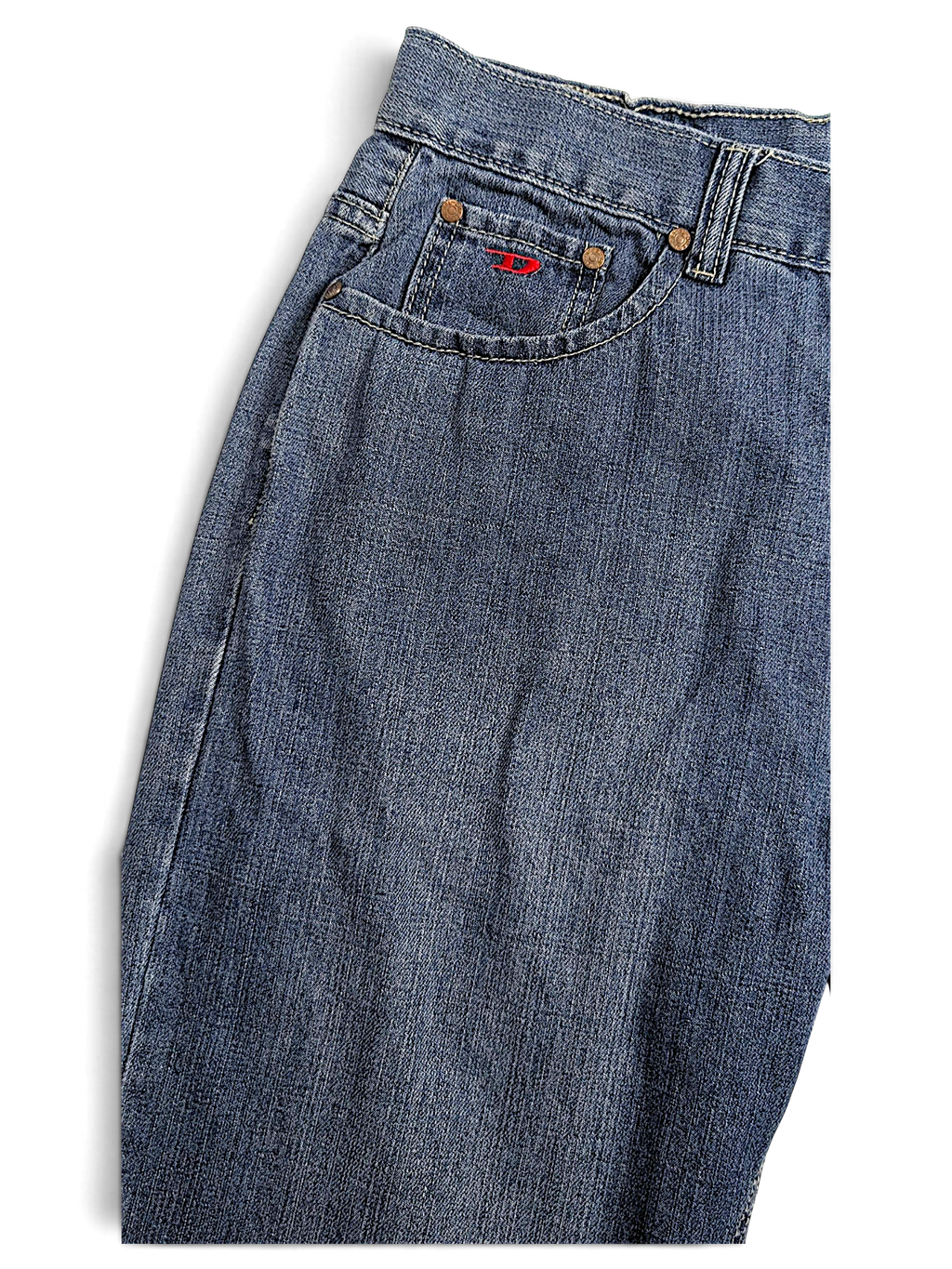 JAKE & IPI Diesel vintage blue denim jeans with five-pocket construction and red logo detail on the coin pocket.