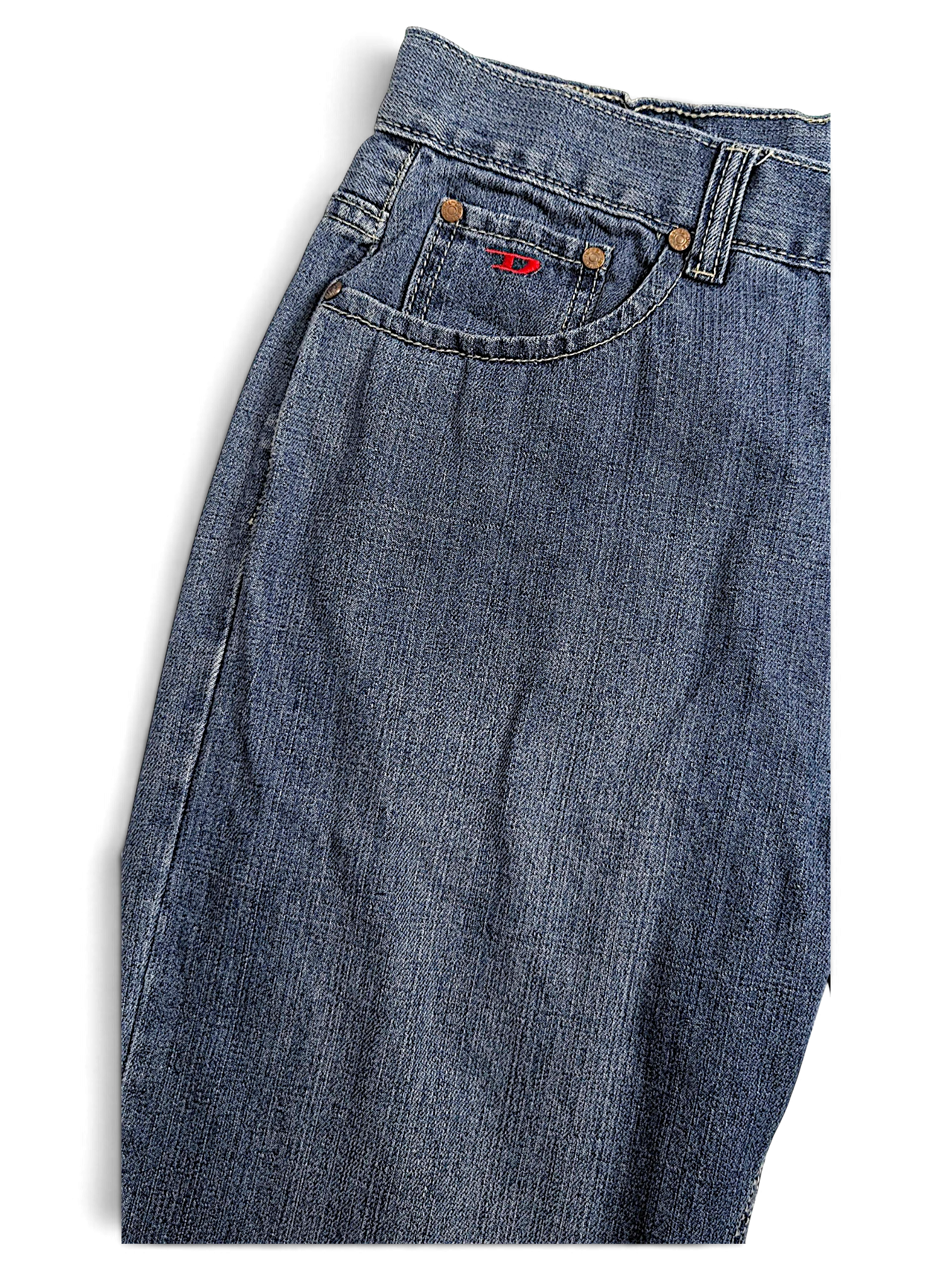 JAKE & IPI Diesel vintage blue denim jeans with five-pocket construction and red logo detail on the coin pocket.