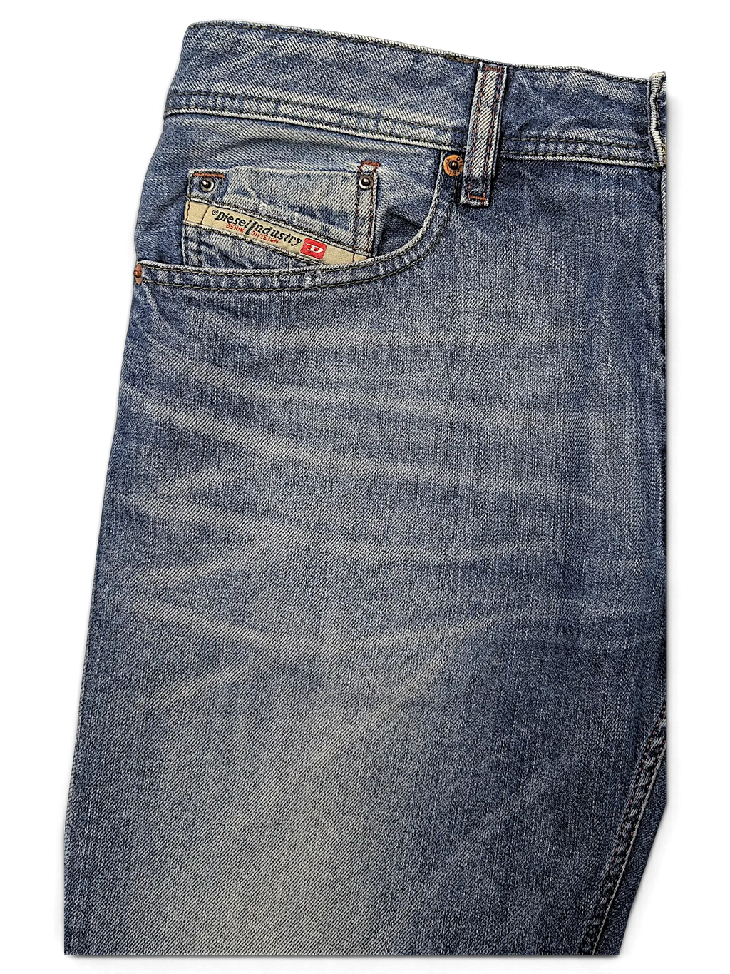 JAKE & IPI Diesel Waykee blue denim jeans featuring a classic five-pocket design with faded whiskering details.