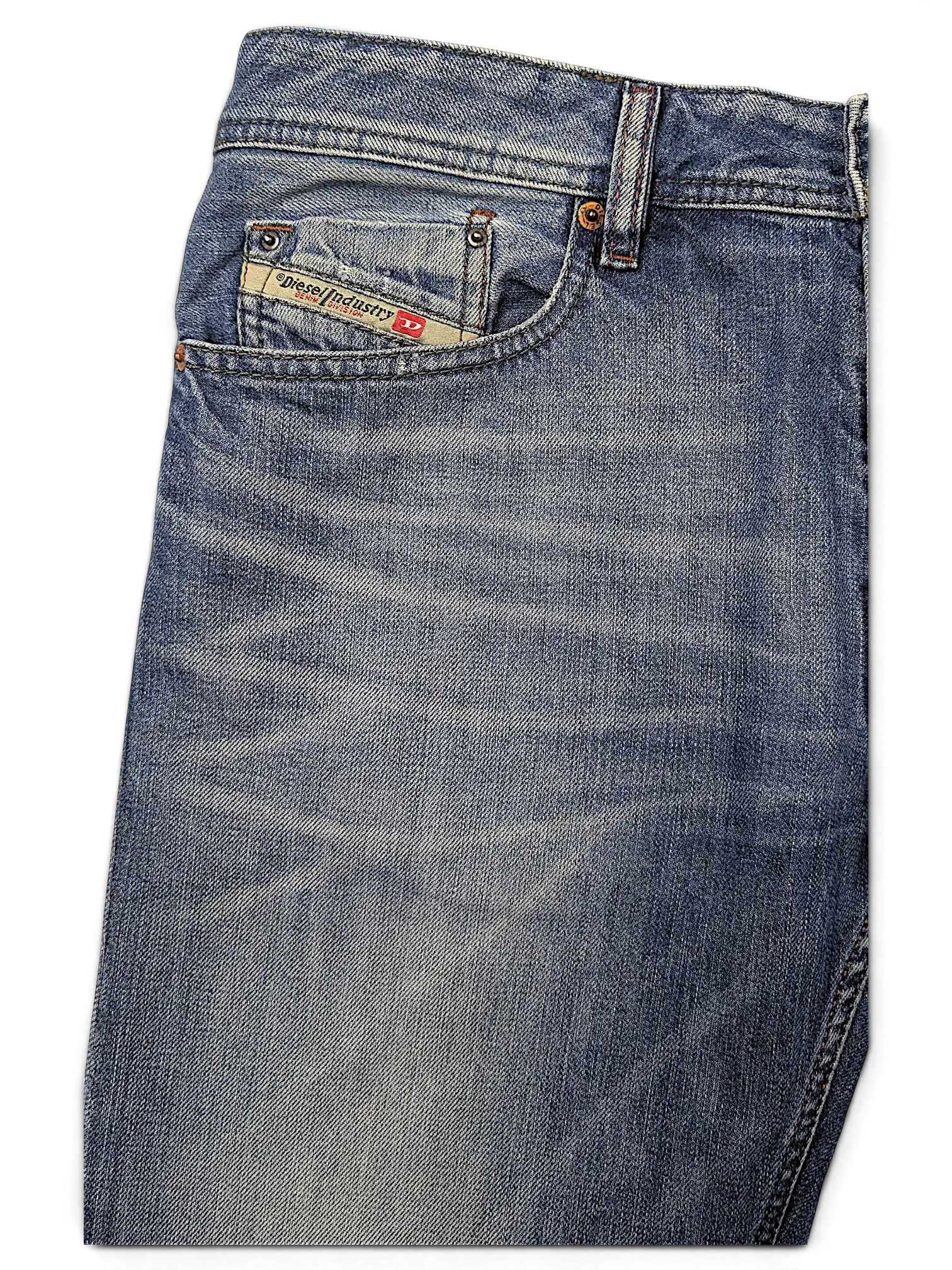 JAKE & IPI Diesel Waykee blue denim jeans featuring a classic five-pocket design with faded whiskering details.
