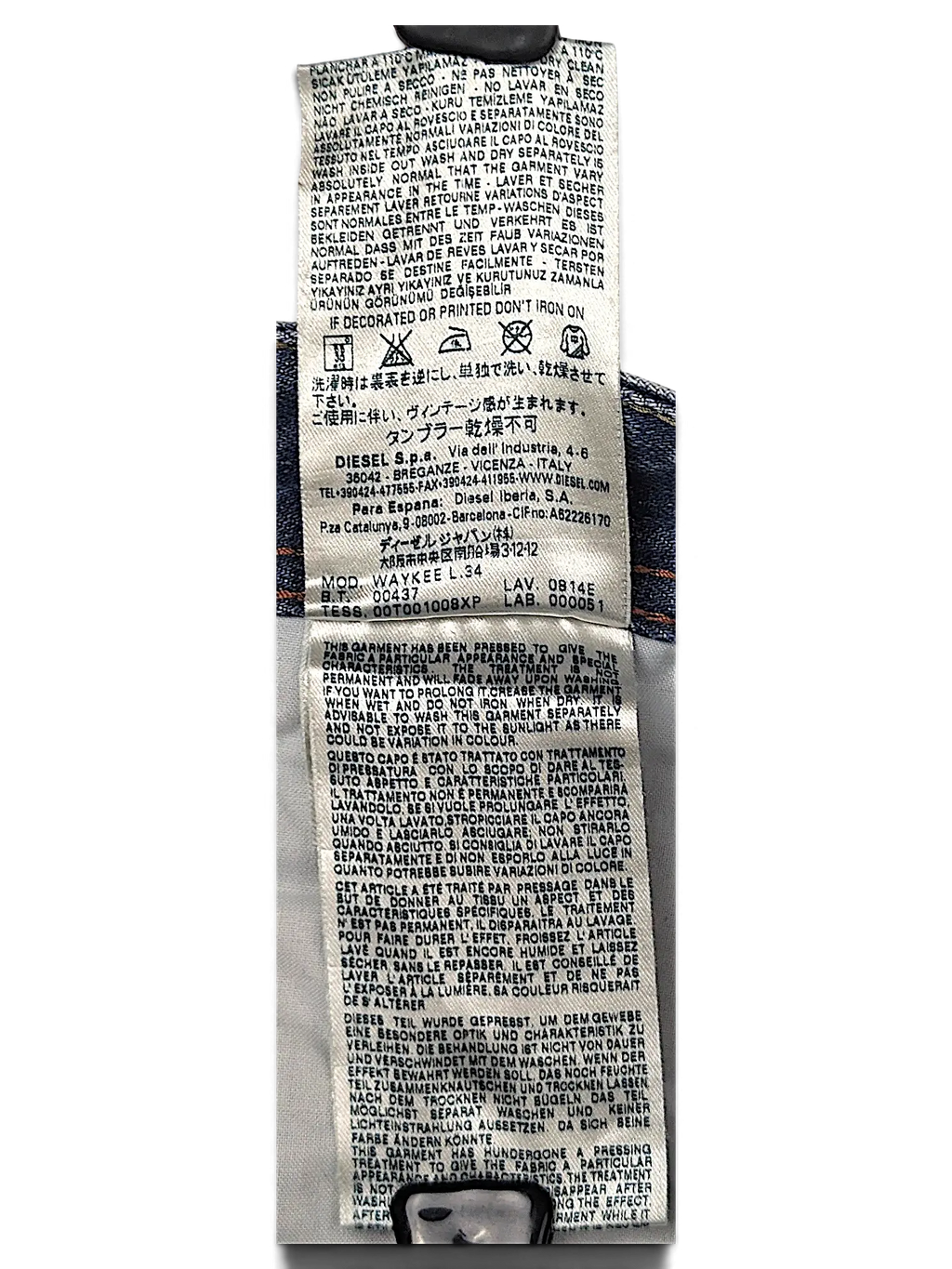 JAKE & IPI Diesel Waykee jeans interior care label with washing instructions and model information