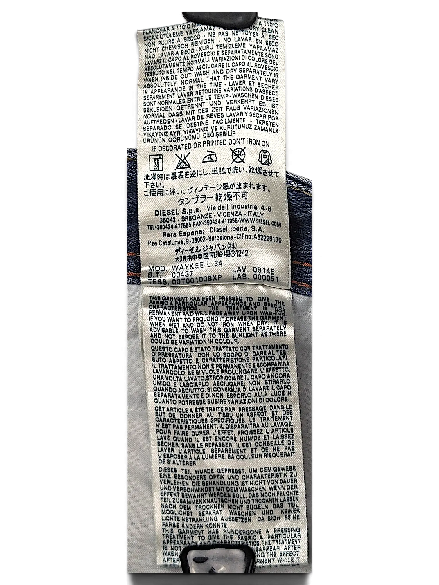 JAKE & IPI Diesel Waykee jeans interior care label with washing instructions and model information