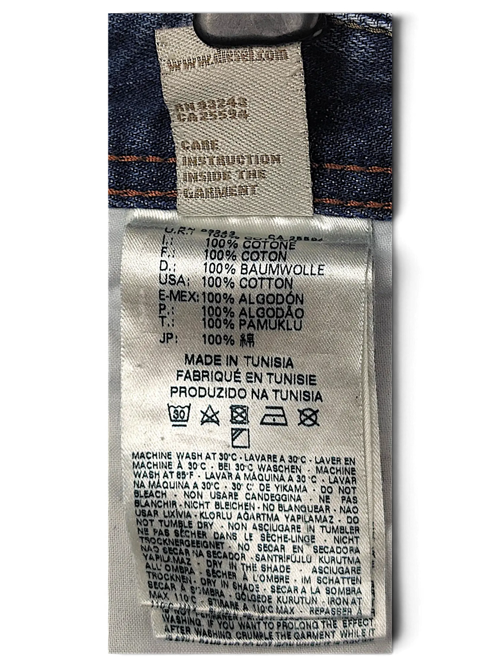JAKE & IPI Diesel Waykee jeans interior care label showing 100 percent cotton composition and washing instructions