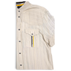 JAKE & IPI pre-owned beige Disorder utility shirt with stand collar, metal snap buttons, and chest pocket detail.