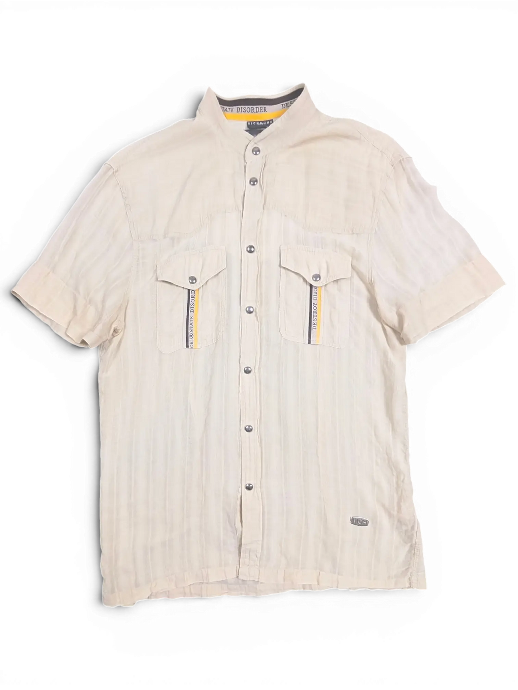 JAKE & IPI Disorder Richmond beige short sleeve utility shirt with stand collar, snap buttons, and chest pockets.