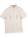 JAKE & IPI Disorder Richmond beige short sleeve utility shirt with stand collar, snap buttons, and chest pockets.