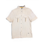 JAKE & IPI Disorder Richmond beige short sleeve utility shirt with stand collar, snap buttons, and chest pockets.