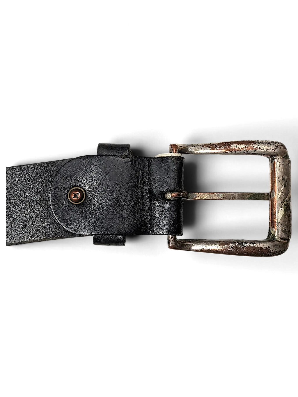 JAKE & IPI distressed black leather belt featuring a vintage-style tarnished silver metal buckle and rivet detail.