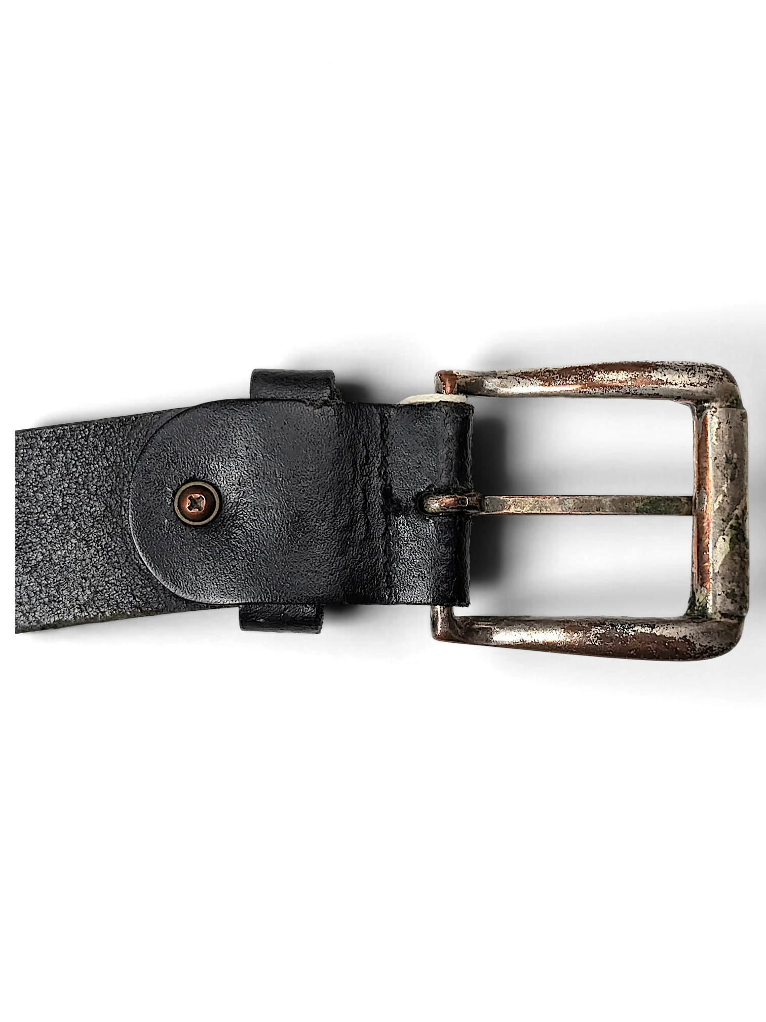 JAKE & IPI distressed black leather belt featuring a vintage-style tarnished silver metal buckle and rivet detail.
