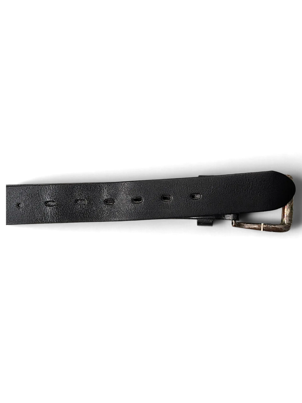 JAKE & IPI distressed black leather belt featuring a worn silver-tone metal buckle on a white background