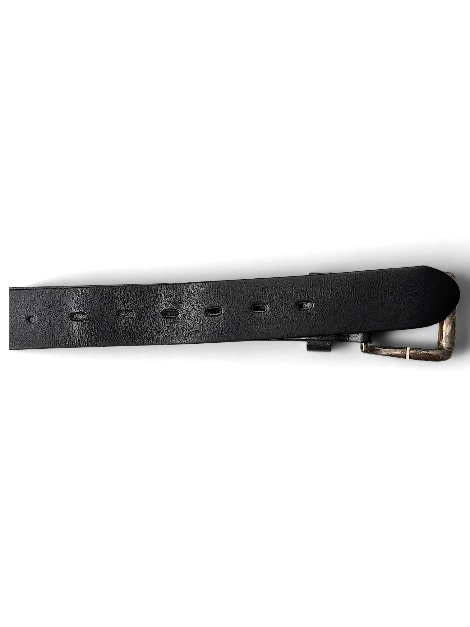 JAKE & IPI distressed black leather belt featuring a worn silver-tone metal buckle on a white background