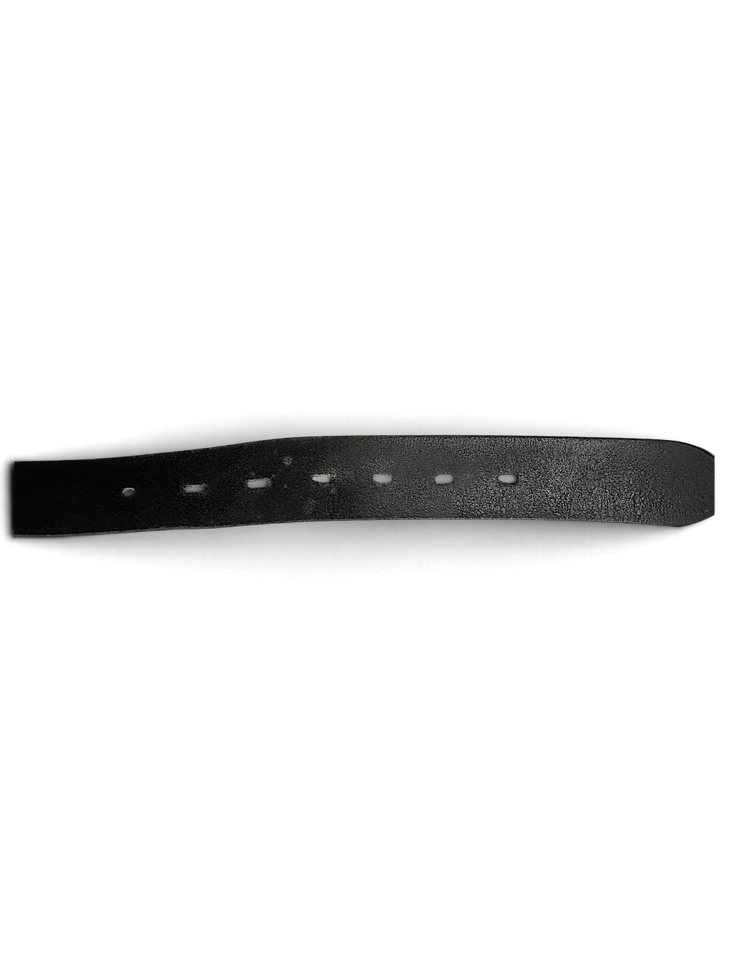 JAKE & IPI distressed black leather belt with visible grain and punched holes on a plain white background