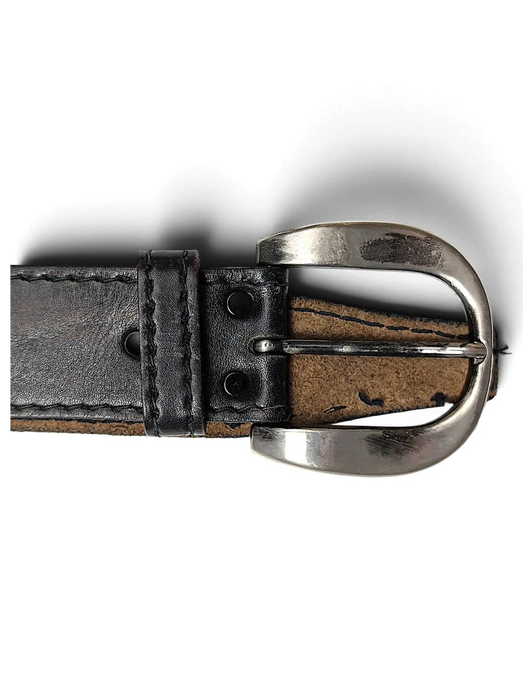 JAKE & IPI black distressed leather belt with a brushed silver-tone metal buckle and reinforced stitching