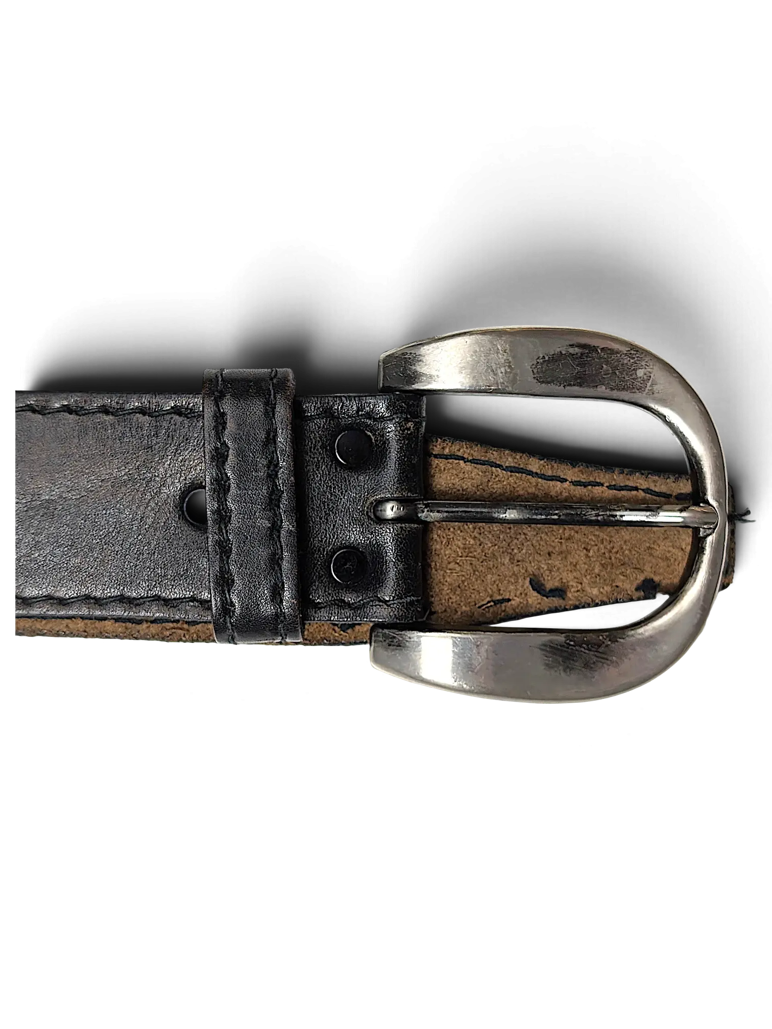 JAKE & IPI black distressed leather belt with a brushed silver-tone metal buckle and reinforced stitching