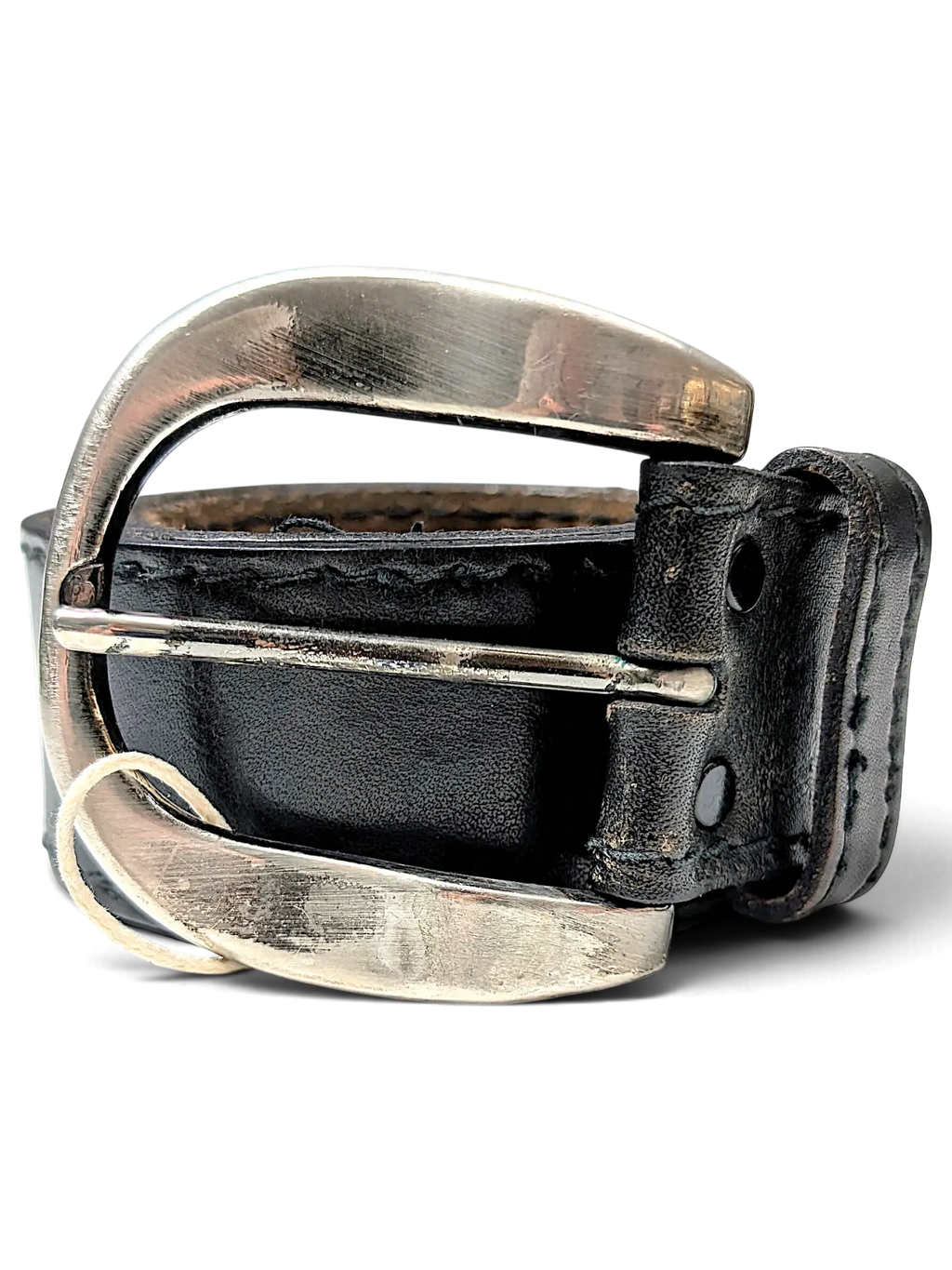 JAKE & IPI black leather belt with a distressed finish and a large, polished silver-tone metal buckle.