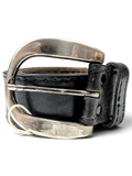 JAKE & IPI black leather belt with a distressed finish and a large, polished silver-tone metal buckle.