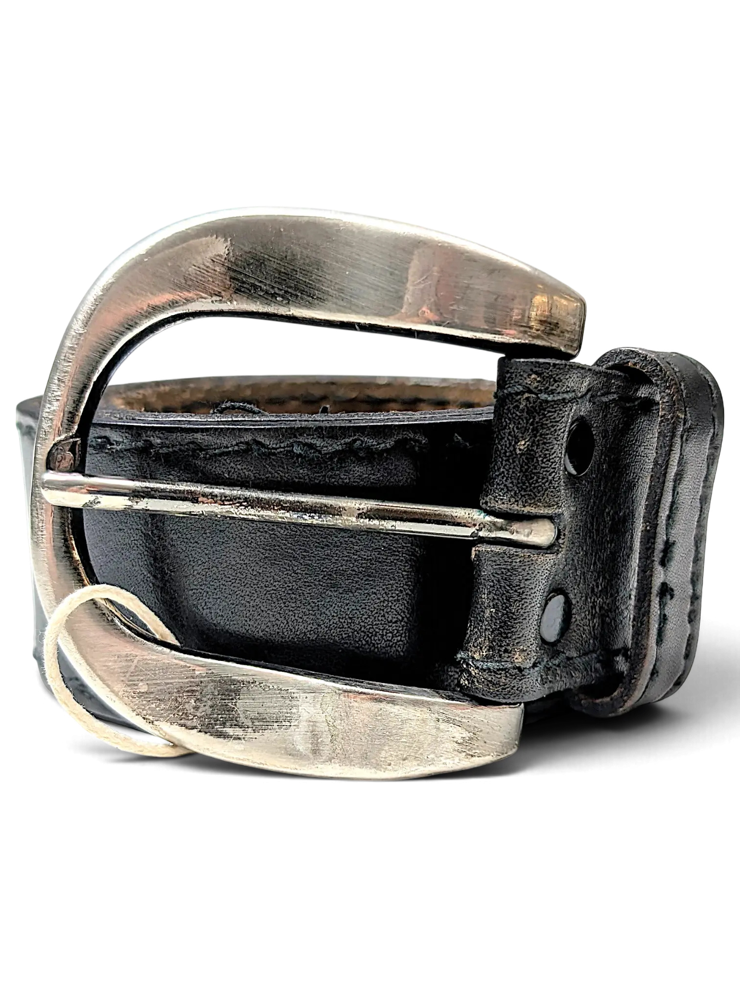 JAKE & IPI black leather belt with a distressed finish and a large, polished silver-tone metal buckle.